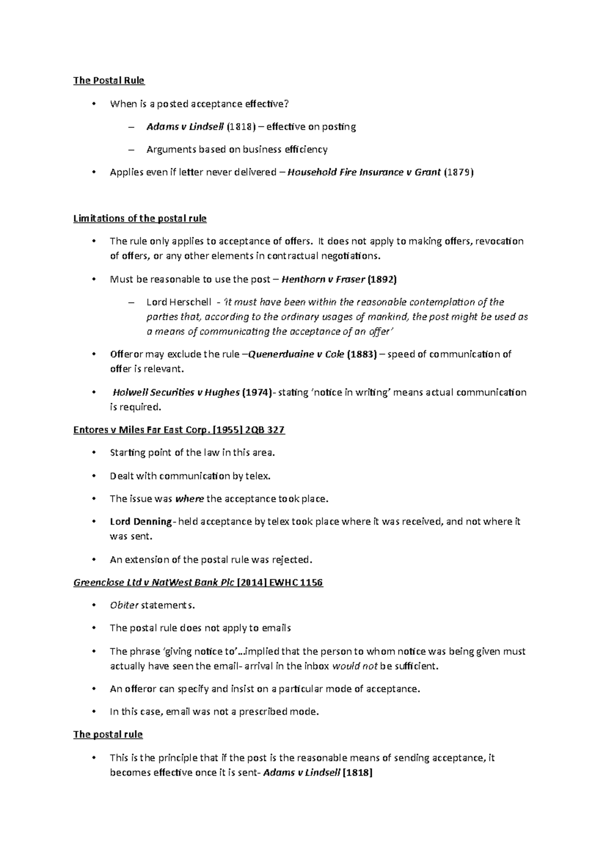 The Postal Rule and Instantaneous Communication in Contract Law - Studocu