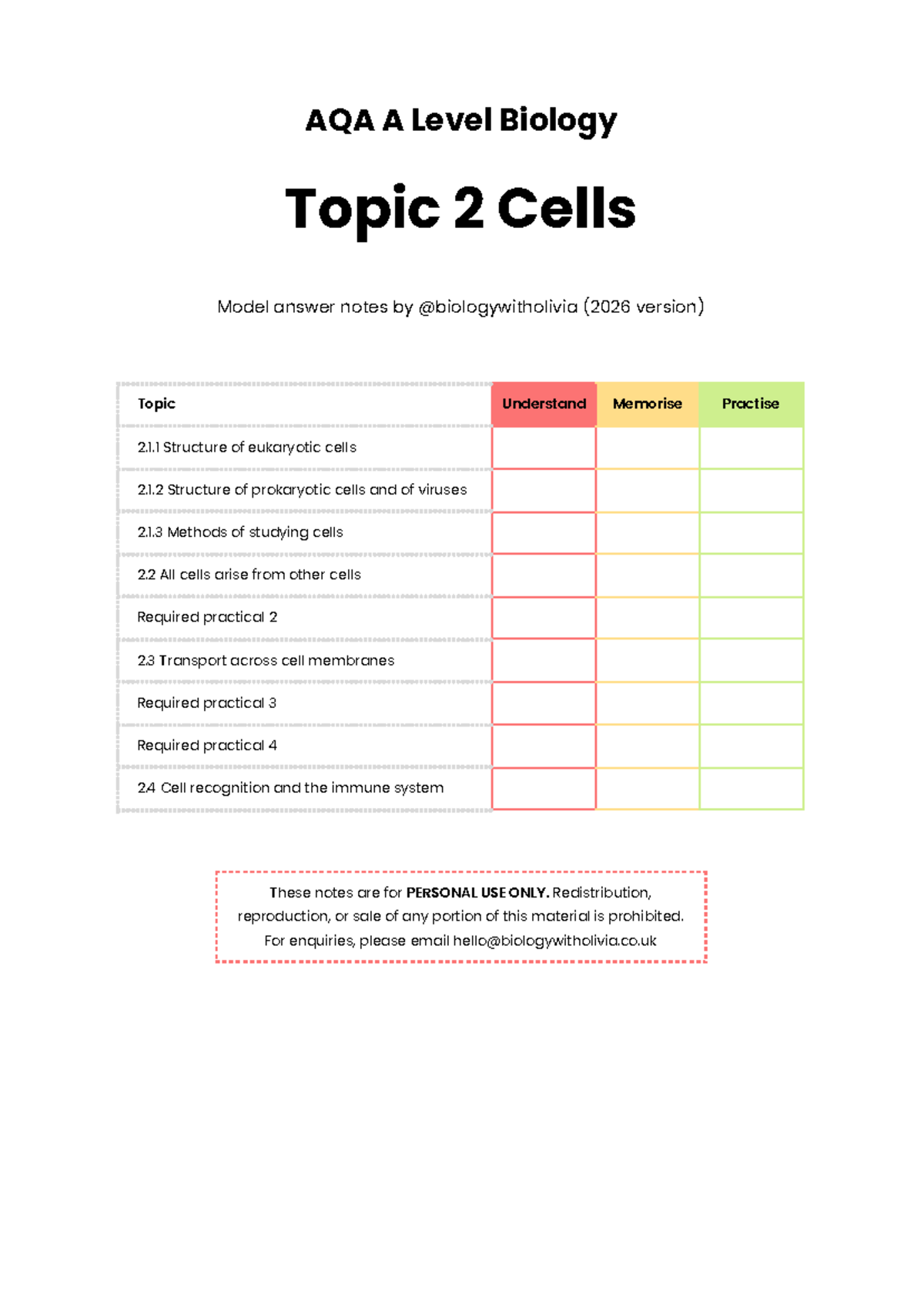 AQA A Level Biology Topic 2 Cells Model Answer Notes (2026) - Studocu