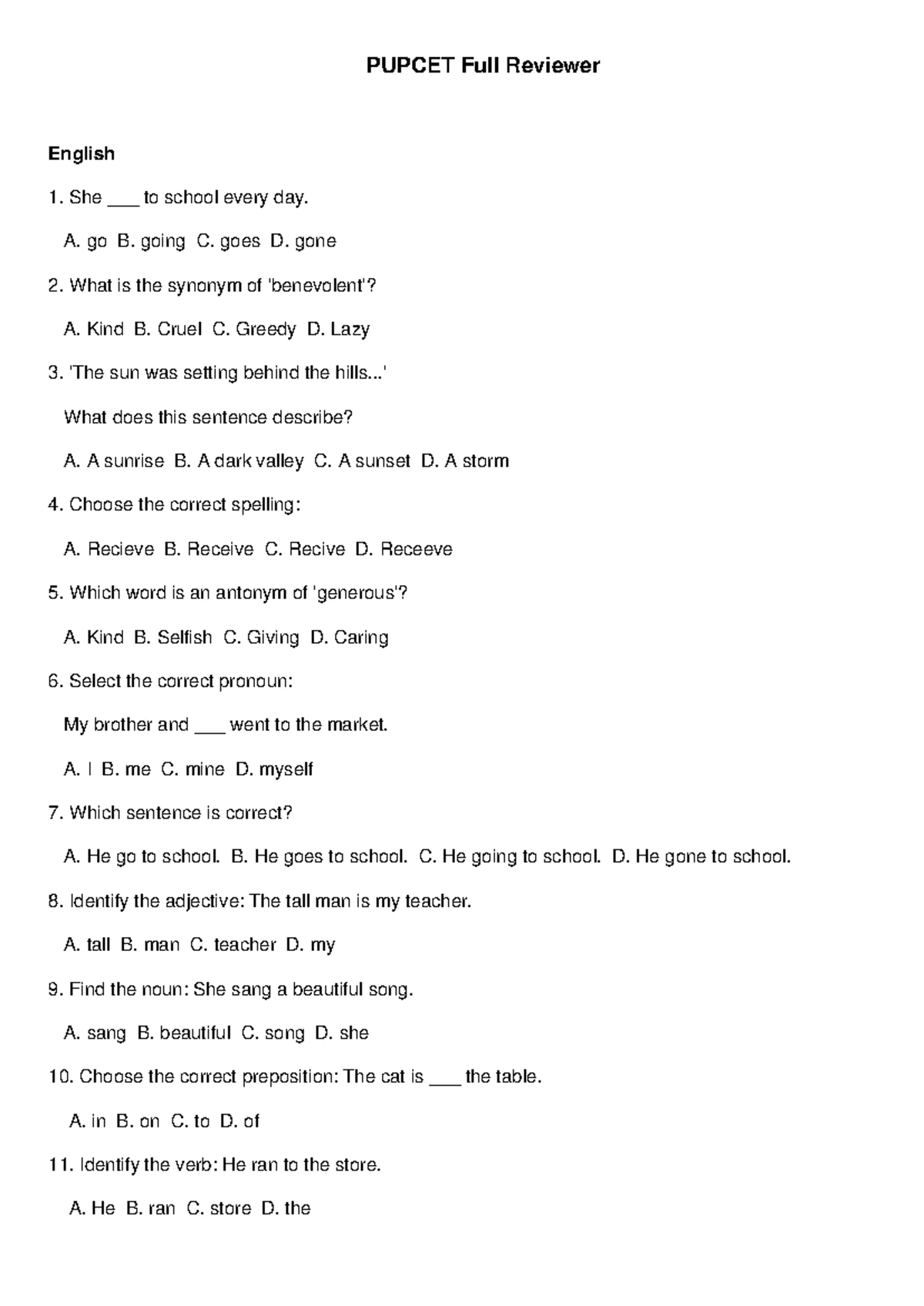 PUPCET Reviewer: English & Math Practice Questions - Studocu