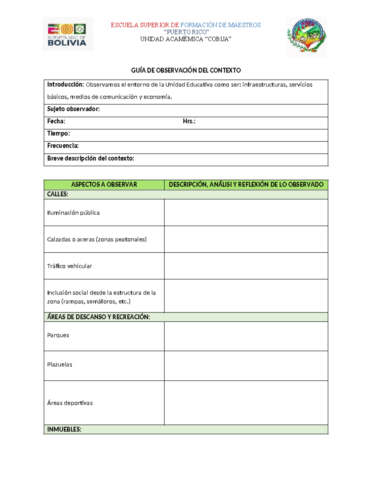 Guía de Observación del Contexto Educativo - ESCUELA SUPERIOR DE FORMACIÓN DE - Document Preview
