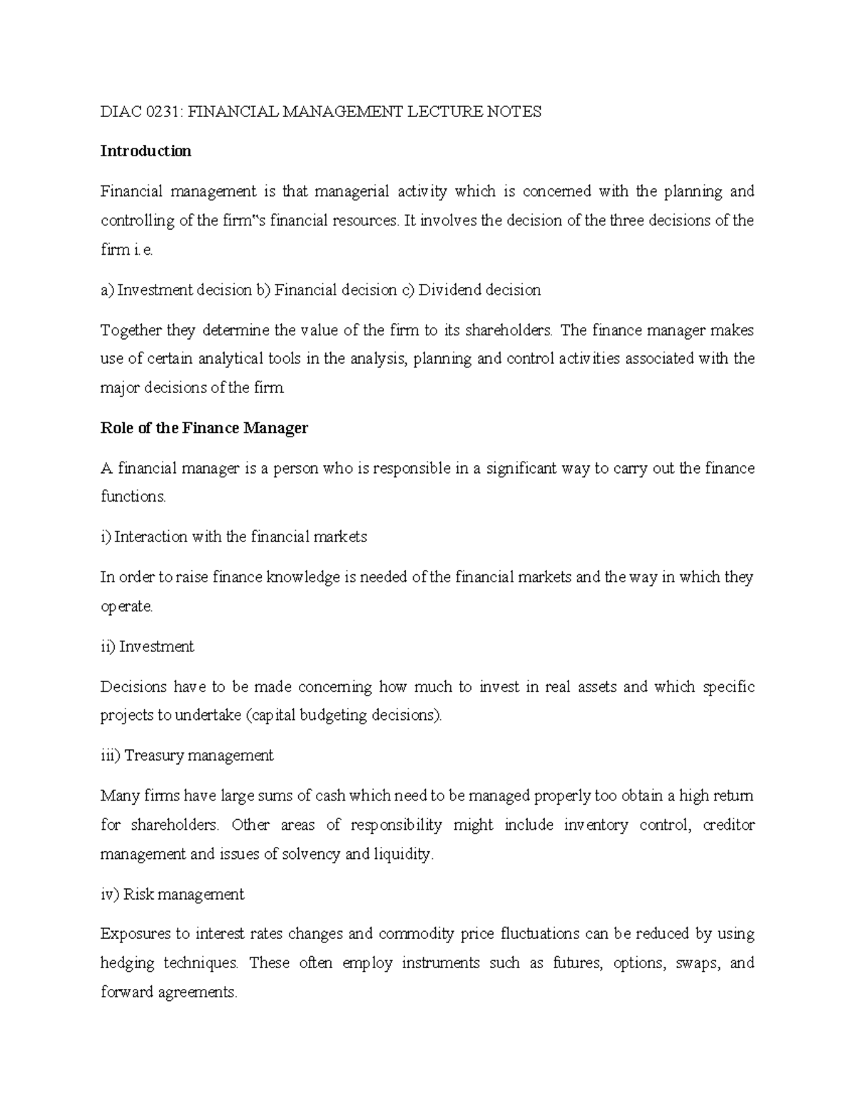 DIAC 0231 Financial Management Lecture Notes Overview - Studocu