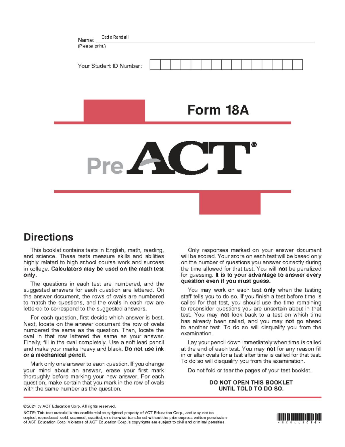Kami Export - Cade Randall - Pre ACT-Test-Booklet-24-25 - Name: (Please ...