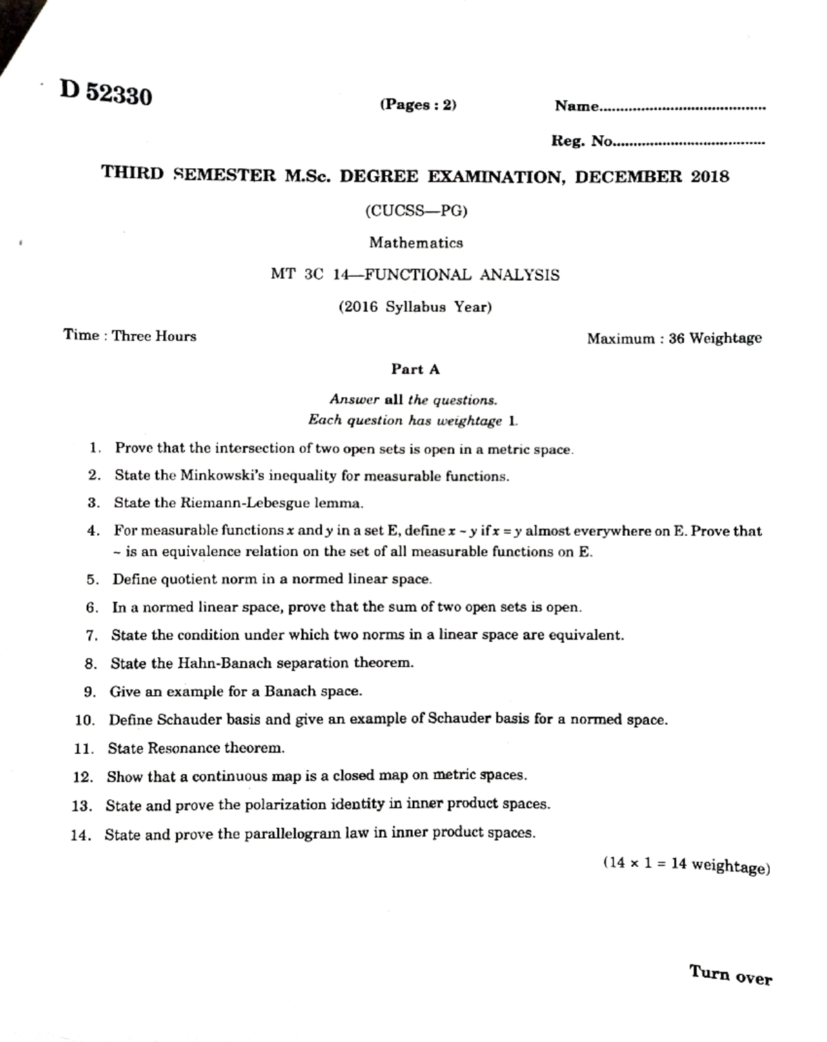 3rd Sem MT 3C 14 - Functional Analysis Previous Year Question Paper ...