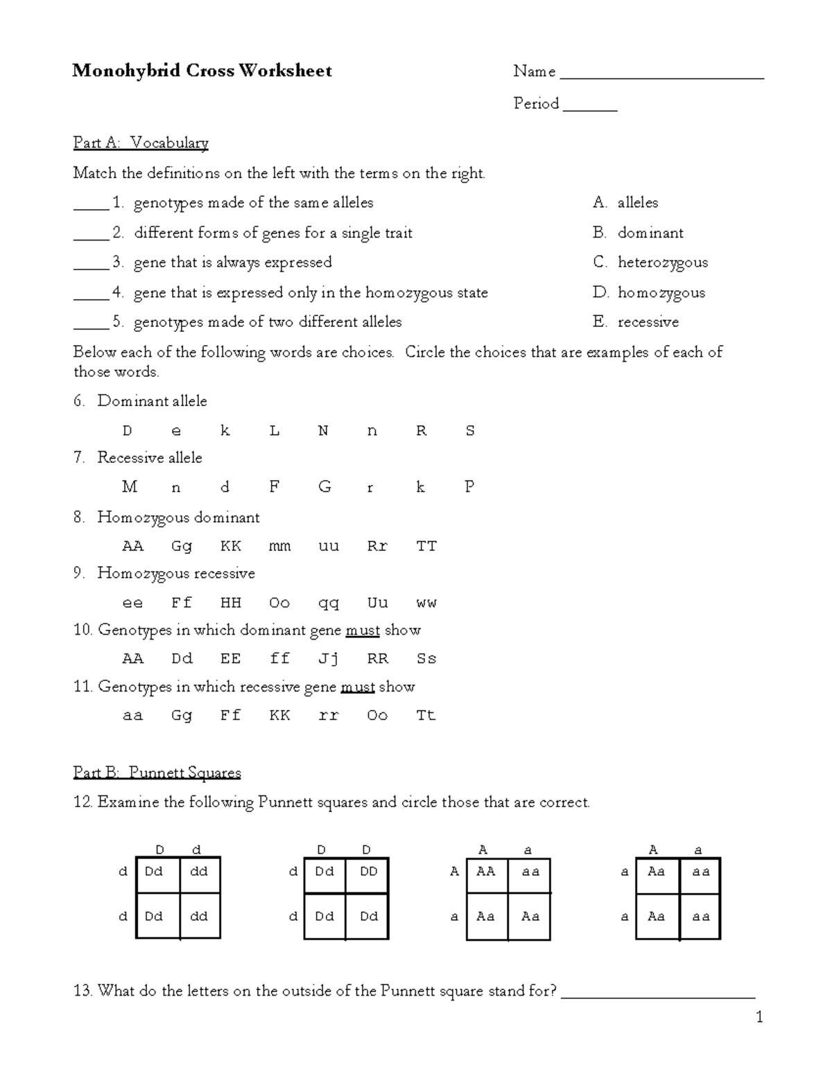 Monohybrid Cross Worksheet: Vocabulary & Punnett Squares - Studocu