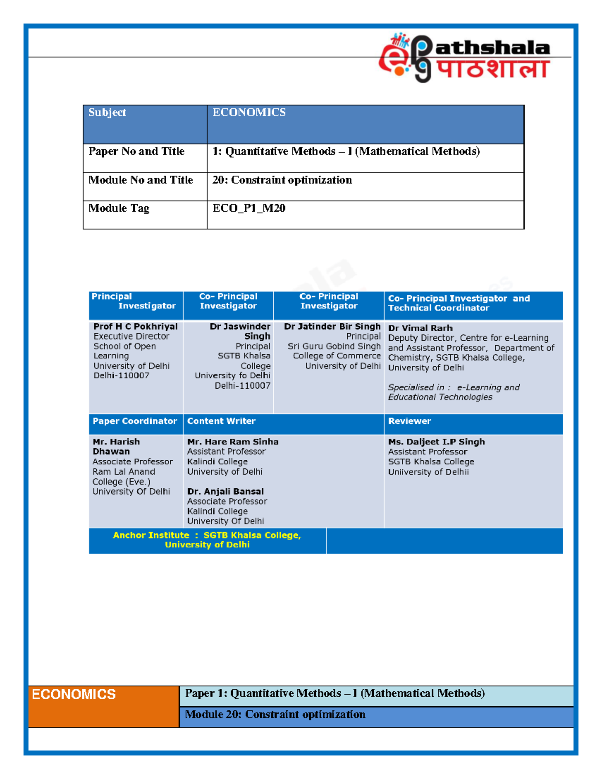 Module No and Title 20: Constraint optimization - ECONOMICS Paper 1 ...