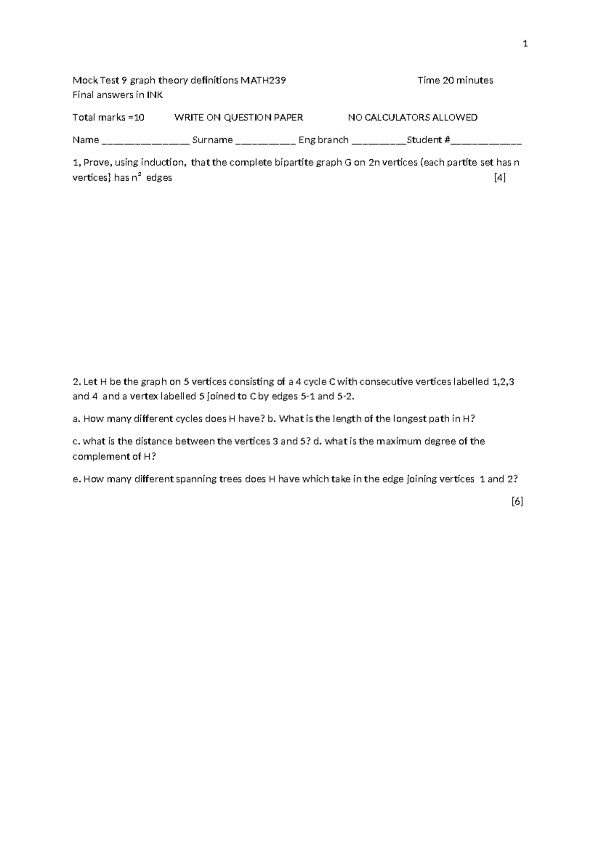 MATH239 Final Exam Mock Test 9 - Graph Theory Definitions - Studocu