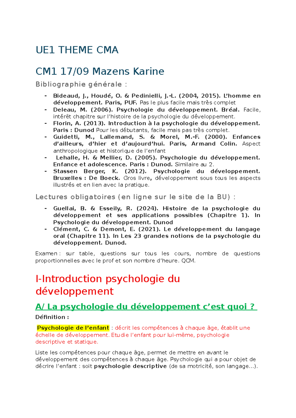 CM1 UE1 - Cours d'Introduction à la Psychologie du Développement - Studocu