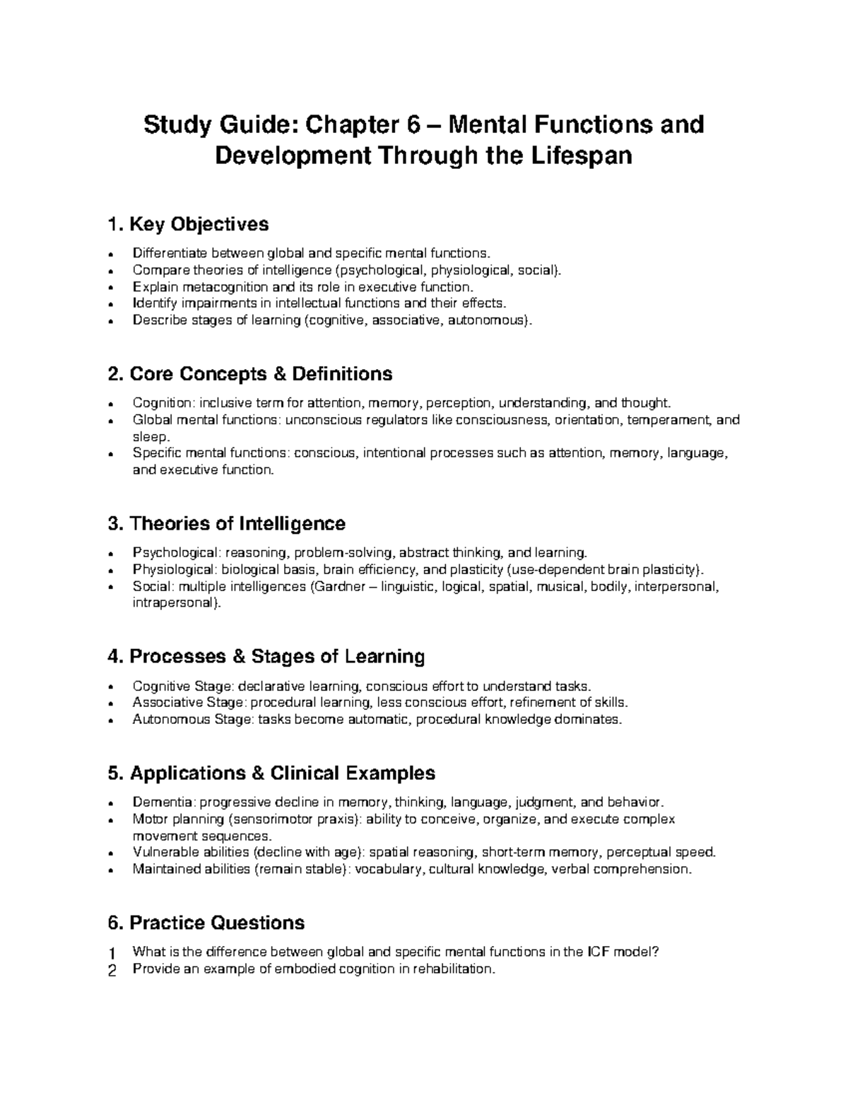 Chapter 6 Study Guide: Mental Functions & Development Across Lifespan ...