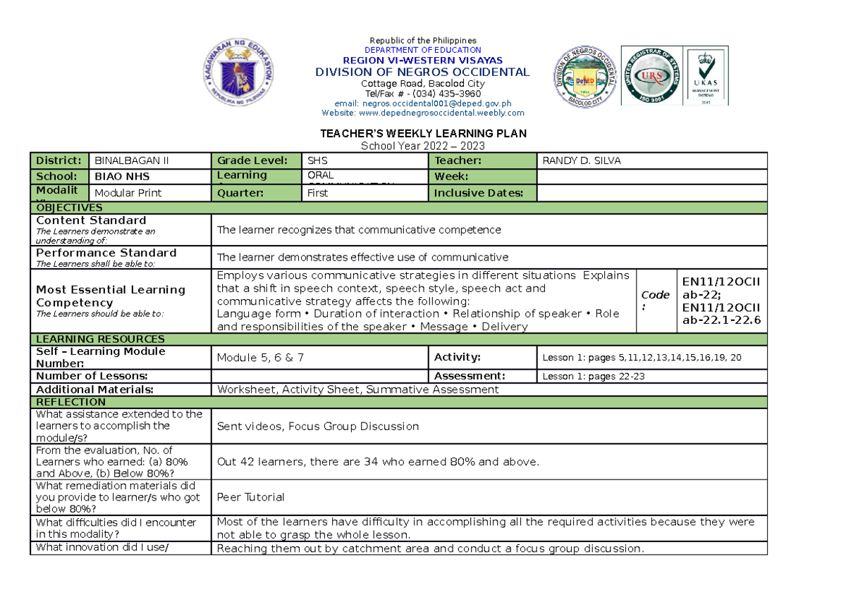 Weekly Learning Plan for Oral Communication (EN11/12OCII) - Studocu