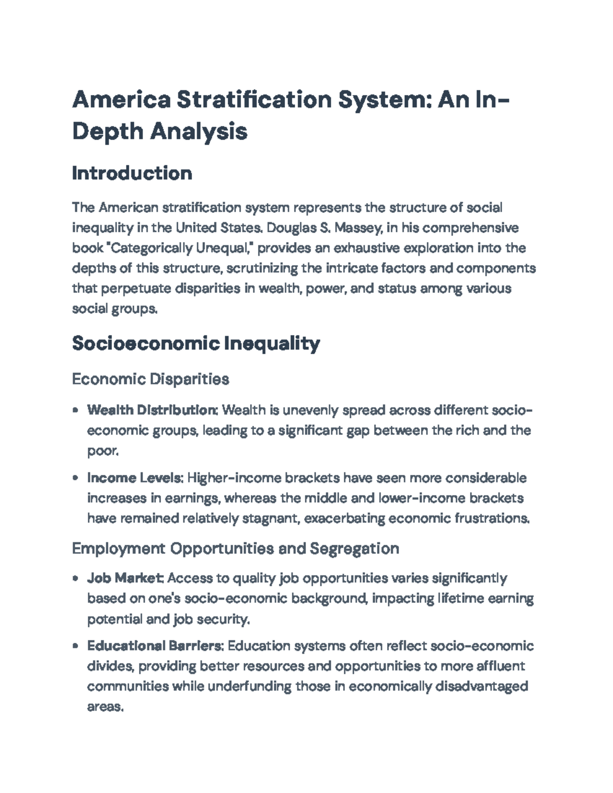 America's Social Inequality: Analysis of Stratification Systems ...