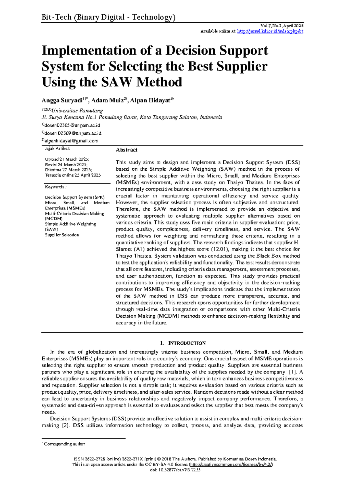 Implementation of a Decision Support System for Supplier Selection ...