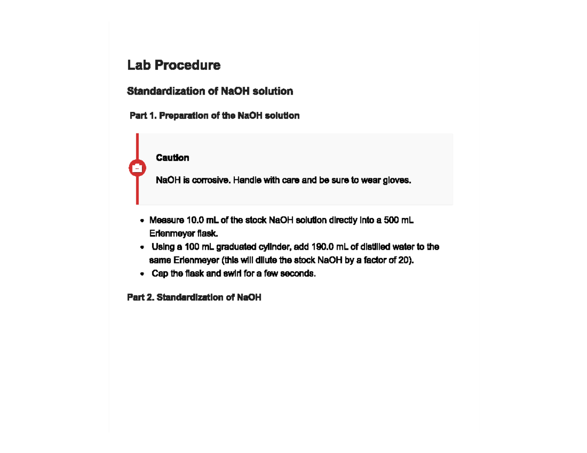 Lab Procedure: Standardization of NaOH Solution (Part 1 & 2) - Studocu