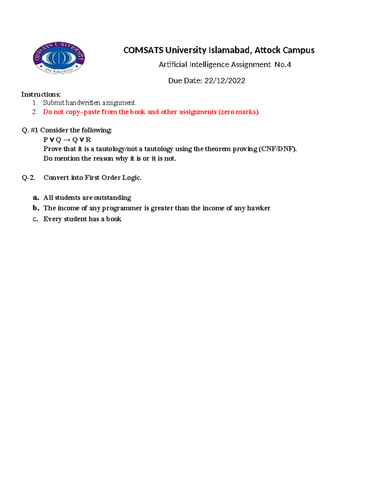 Assignment-4 FA22 - Mmachine Learning Assignment 4 - COMSATS University ...