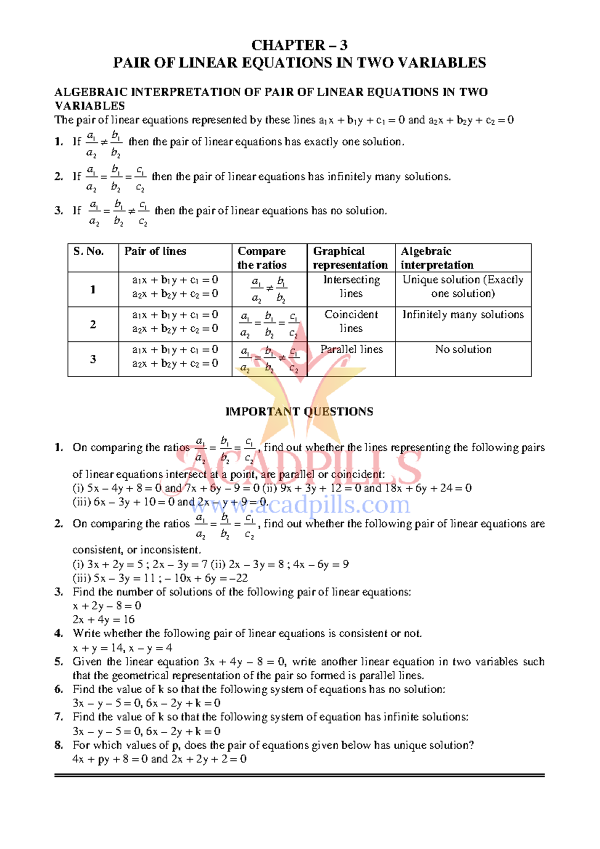 Linear Equations in Two Variables: Key Questions & Concepts - Studocu