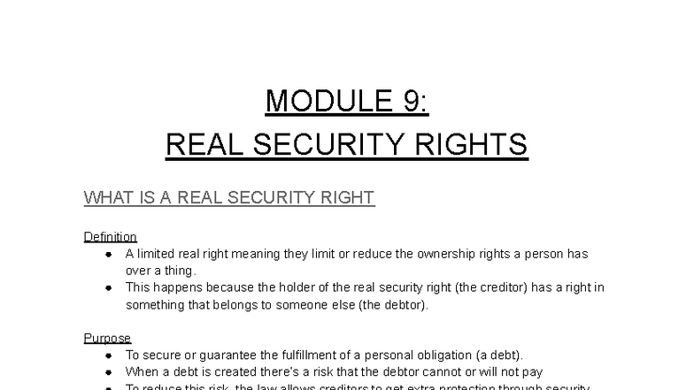 Property LAW Model 9: Understanding Real Security Rights - Studocu