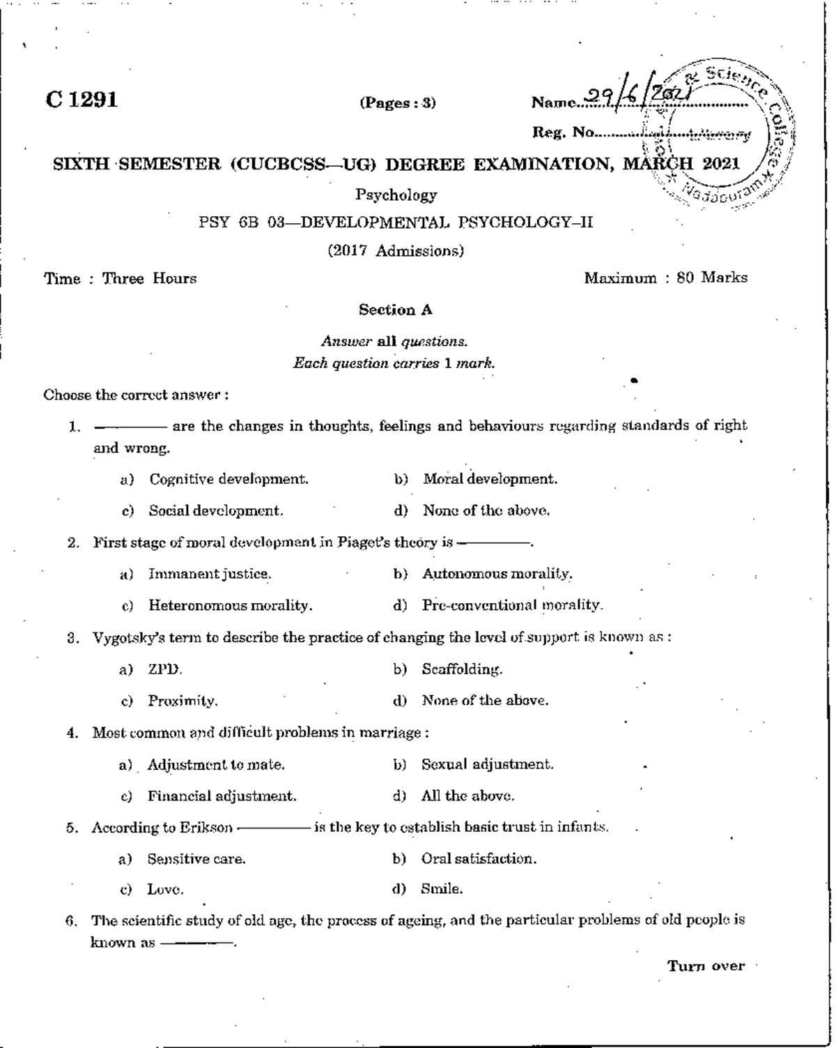 PSY 6B 03 - Sixth Degree Exam Question Paper, 2021 - Studocu