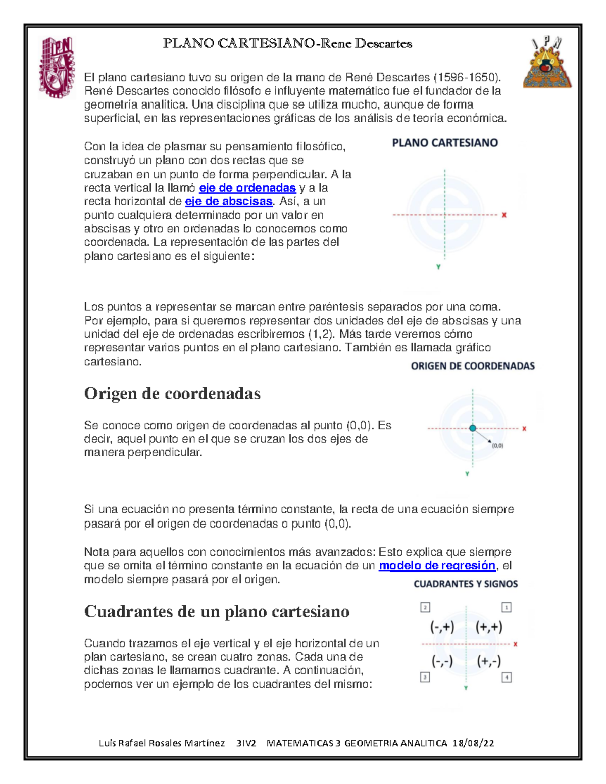 El plano cartesiano y su origen en la obra de René Descartes - Studocu
