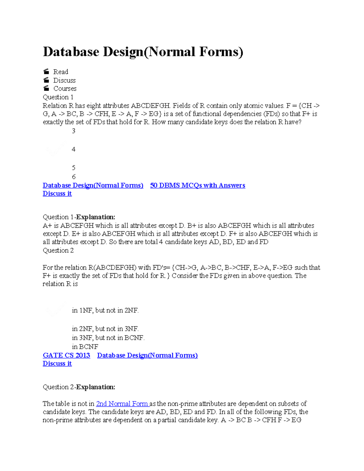 Database Design - GATE Questions and Answers - Database Design(Normal ...