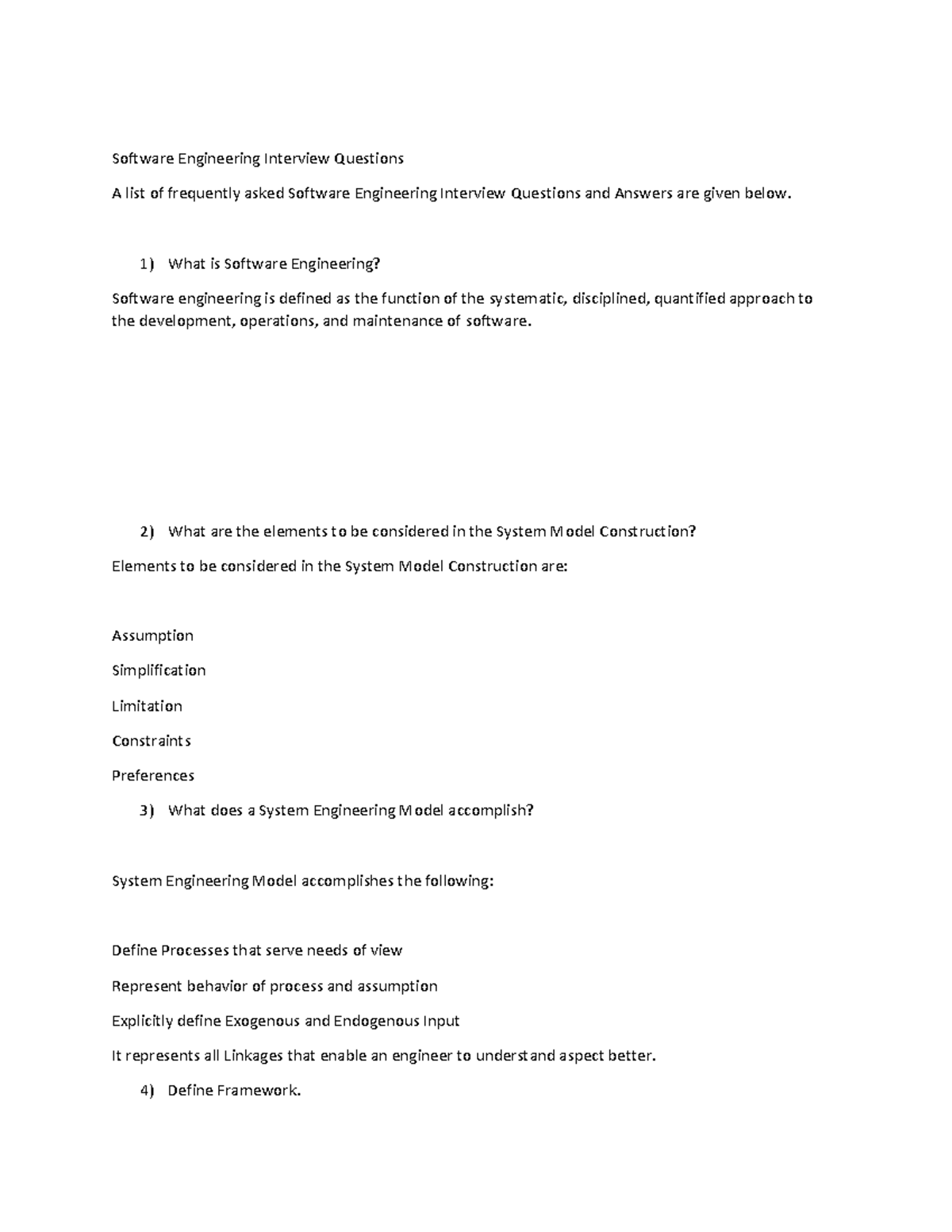 Software Engineering Interview Questions - SE101 Study Guide - Studocu