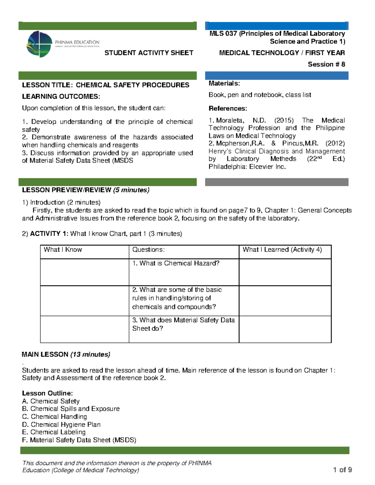 MLS 037 PMLS 1 Lesson 8: Chemical Safety Procedures Overview - Studocu