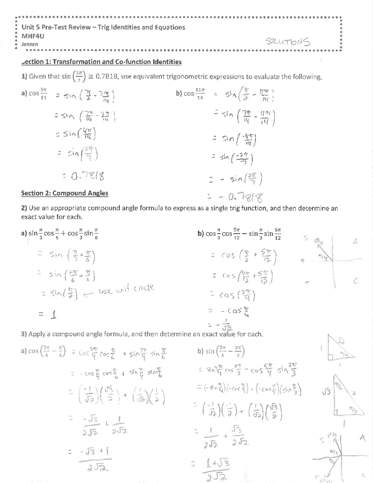 Unit 5 Pretest Review Solutions: Trig Identities & Equations MHF4U ...