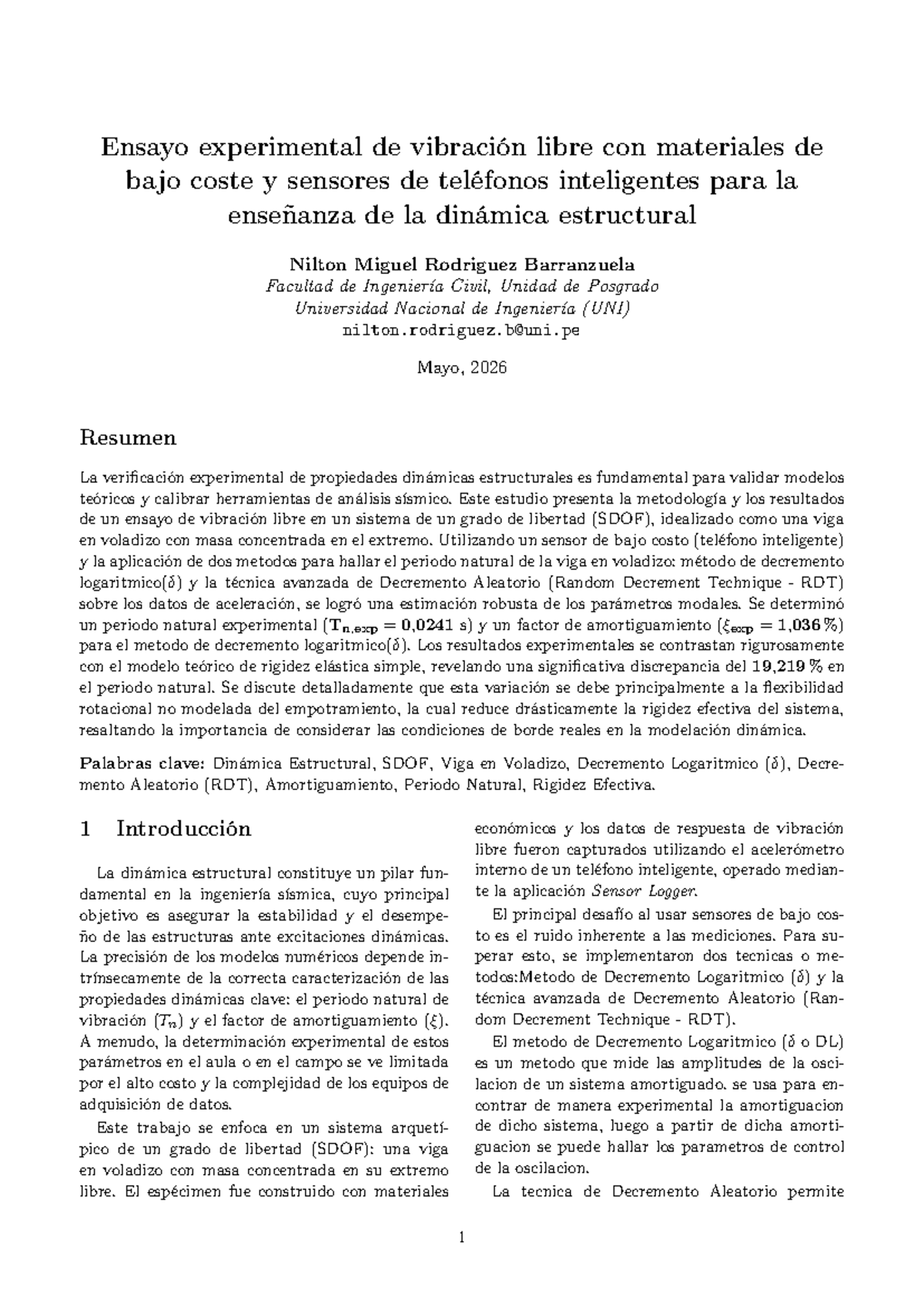 Ensayo Experimental de Vibración Libre con SDOF y Sensores de Bajo ...
