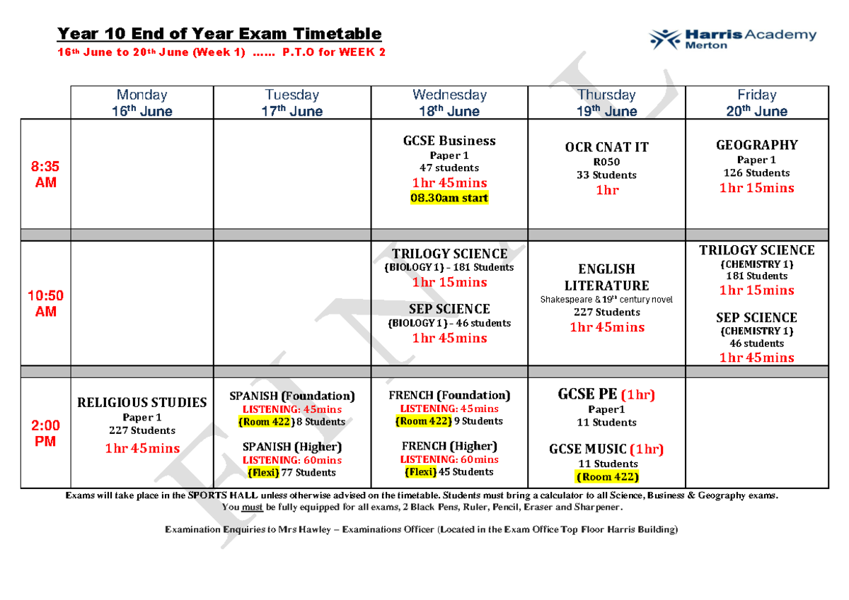 Year 10 EOY Exam Timetable June 16-20, 2025 - Studocu