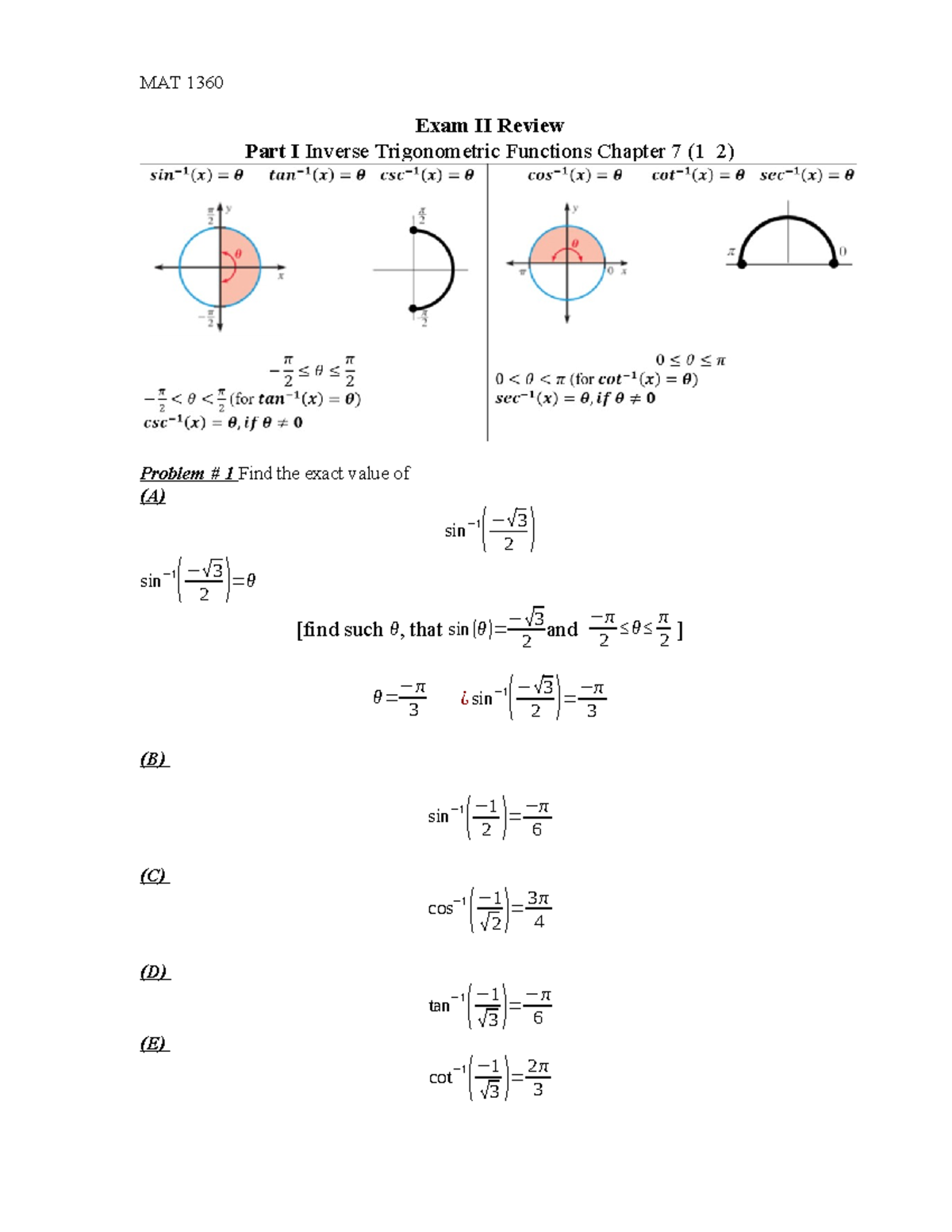 MAT 1360 Final Exam Review: Inverse Trig Functions & Equations - Studocu