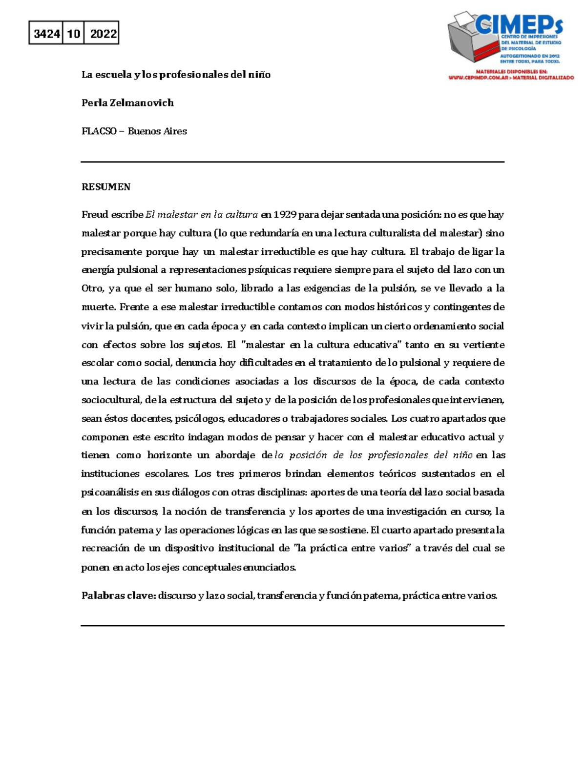 3424 - La Escuela y el Malestar Educativo: Perspectivas Psicoanalíticas ...