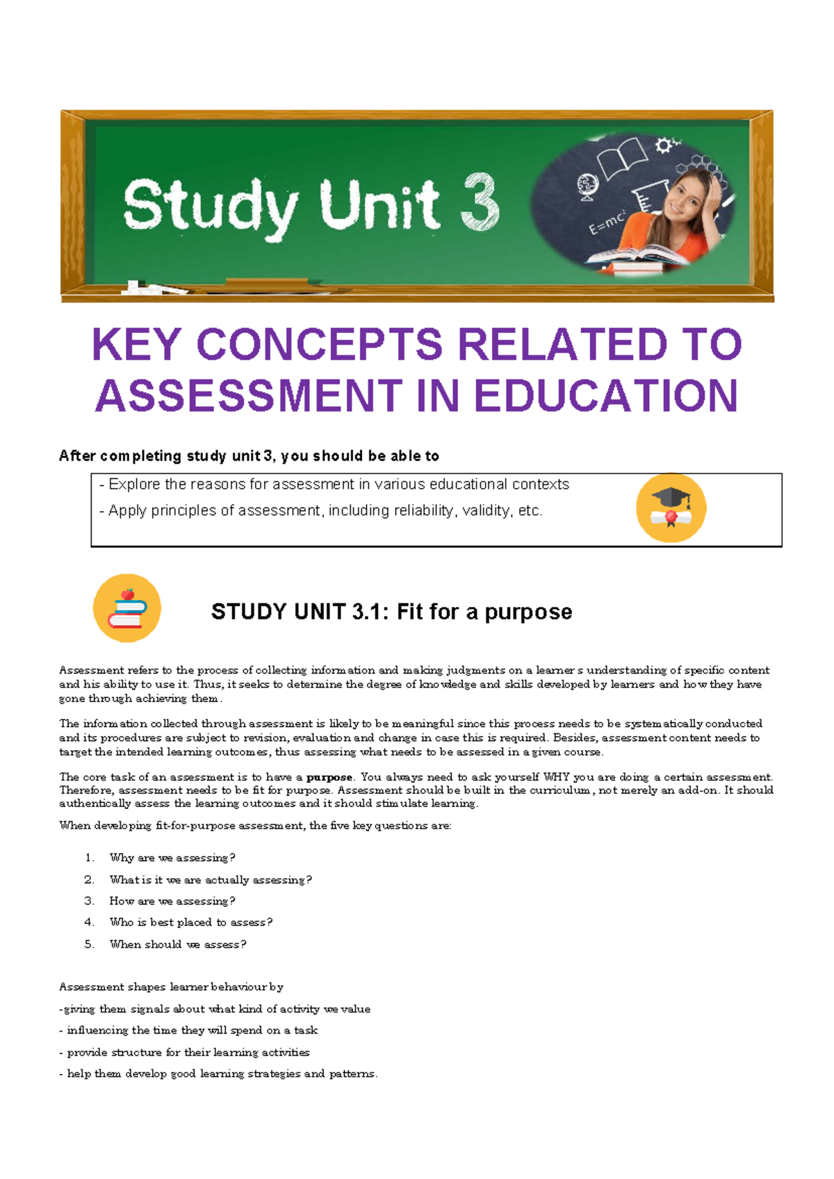 Key concepts in assessment for education: Study unit 3 overview - Studocu