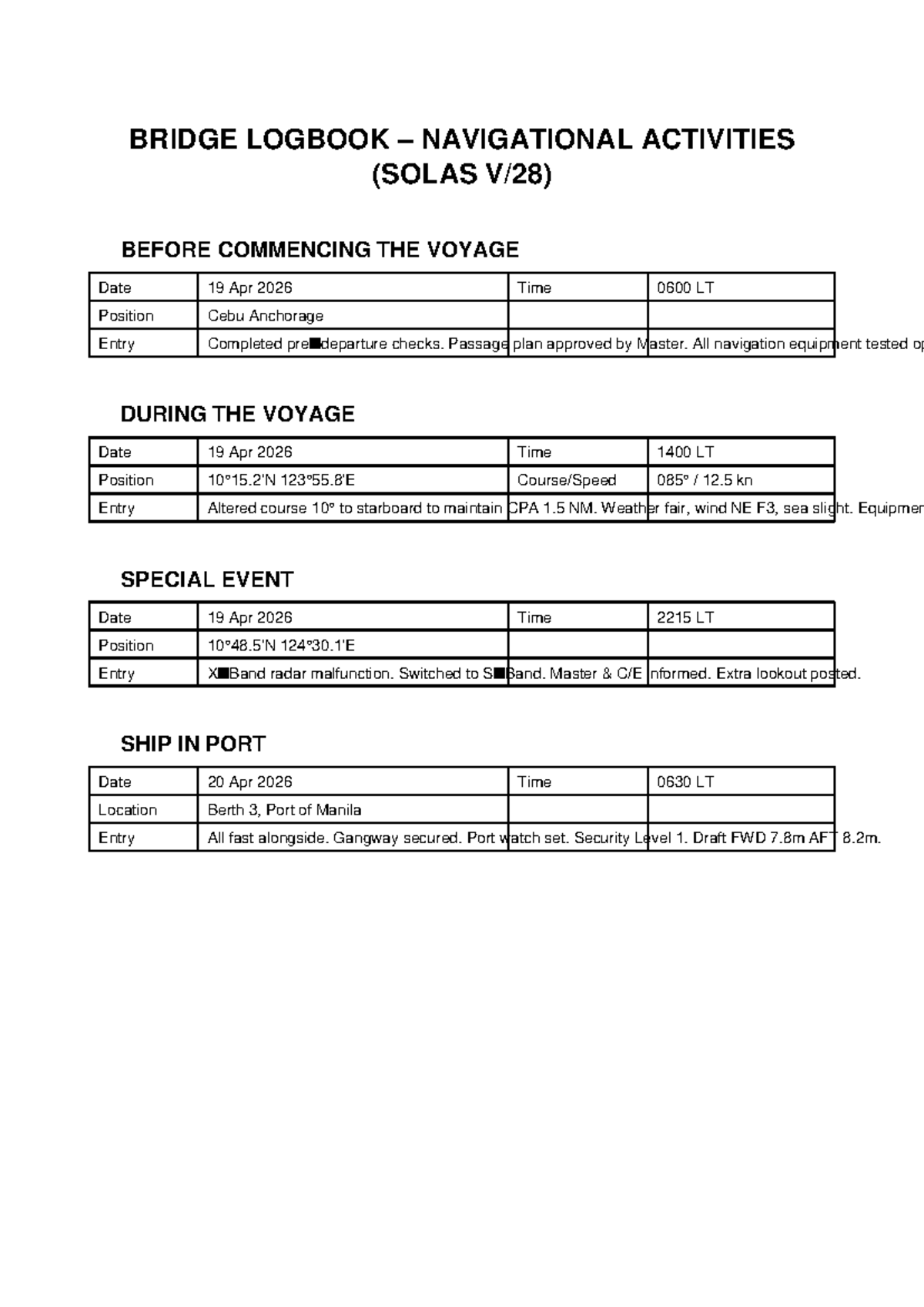 Bridge Logbook: Navigational Activities & Events (SOLAS) - Studocu