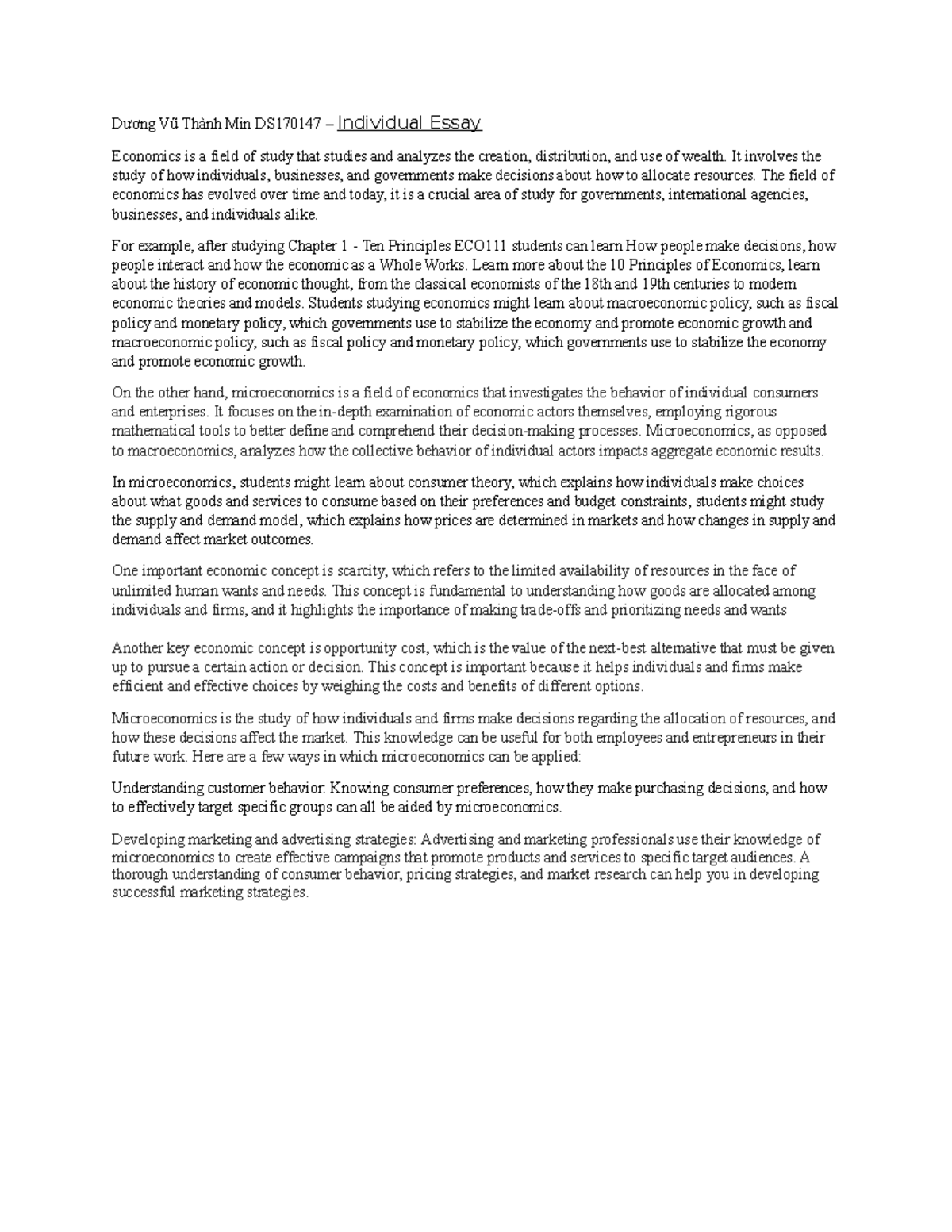 ECO111 Individual Essay: Understanding Key Economic Concepts - Studocu