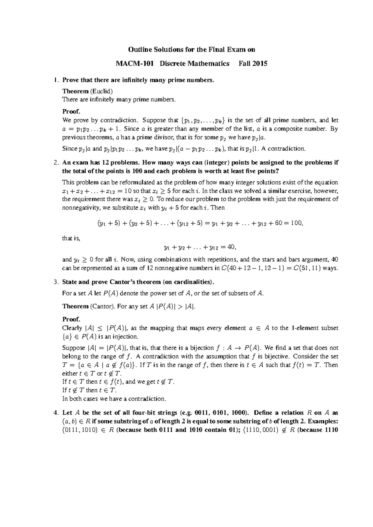 Final Exam Solutions for MACM-101 Discrete Mathematics 2015 - Studocu