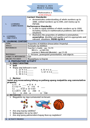 COT MATH 2 Q1 W6 - N/A - I. LEARNING COMPETNCIE S Content Standards ...