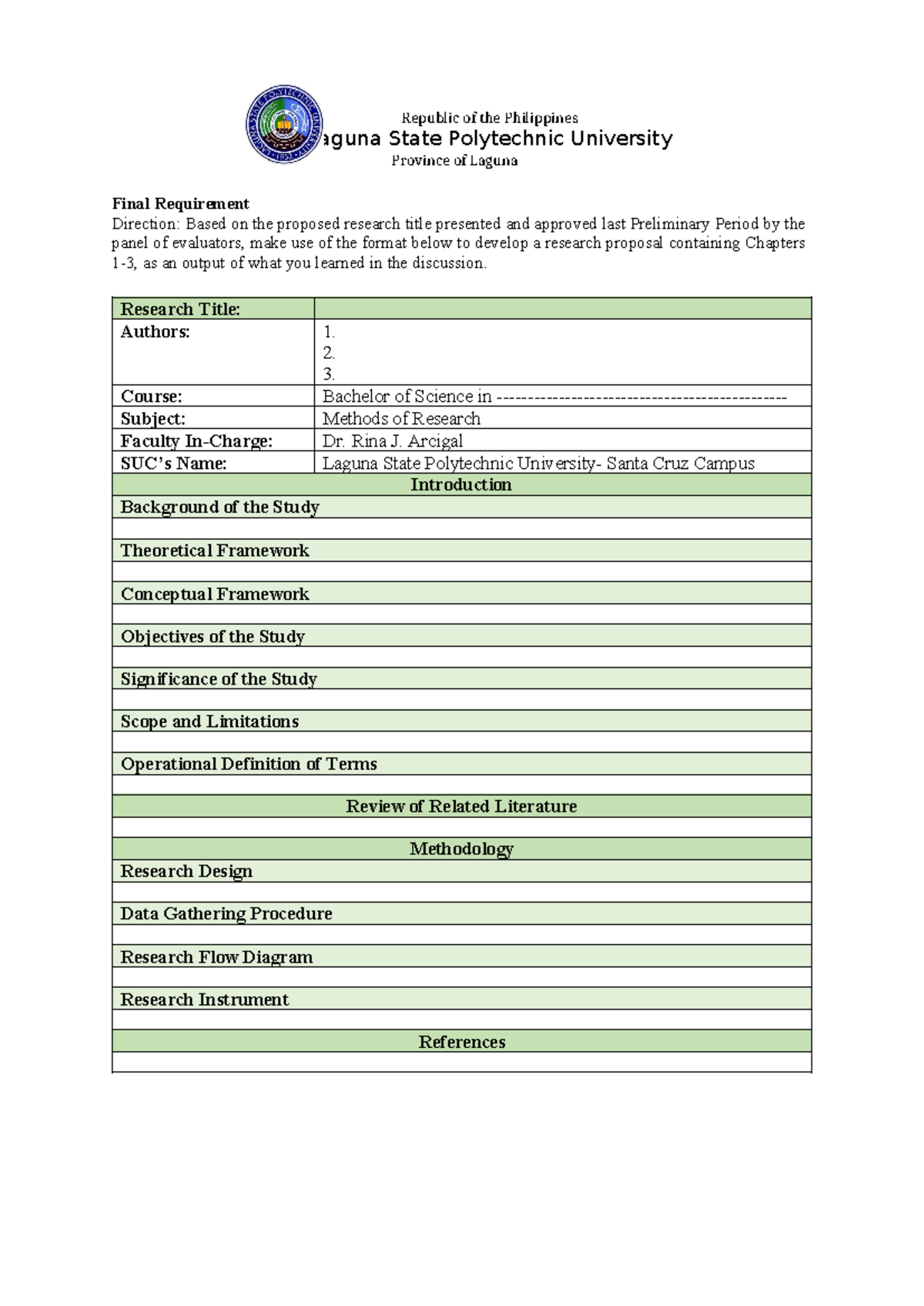 Concept Paper - Research Proposal Format for BSC Methods of Research ...