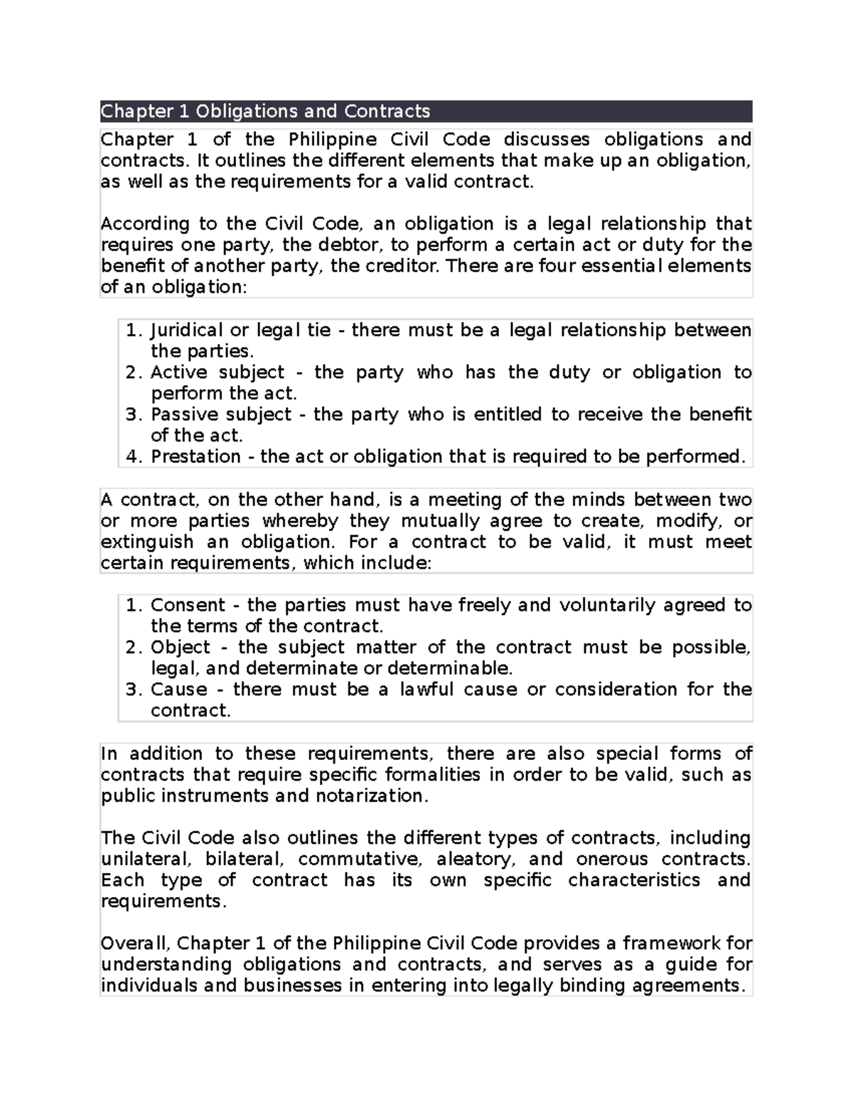 Chapter 1: Obligations & Contracts in Philippine Civil Code - Studocu
