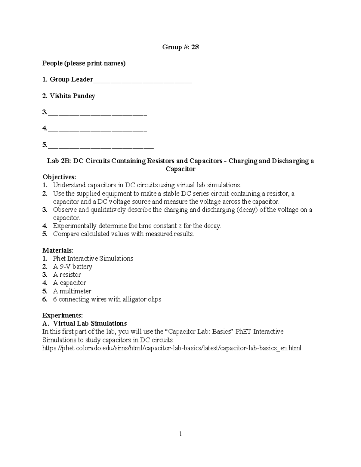 Lab 2B Worksheet - Capacitors in DC Circuits: Charging & Discharging ...