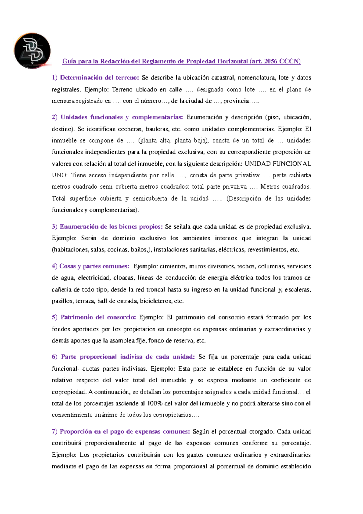 Modelos de Escritos para Reglamento de Propiedad Horizontal (art. 2056) - Document Preview