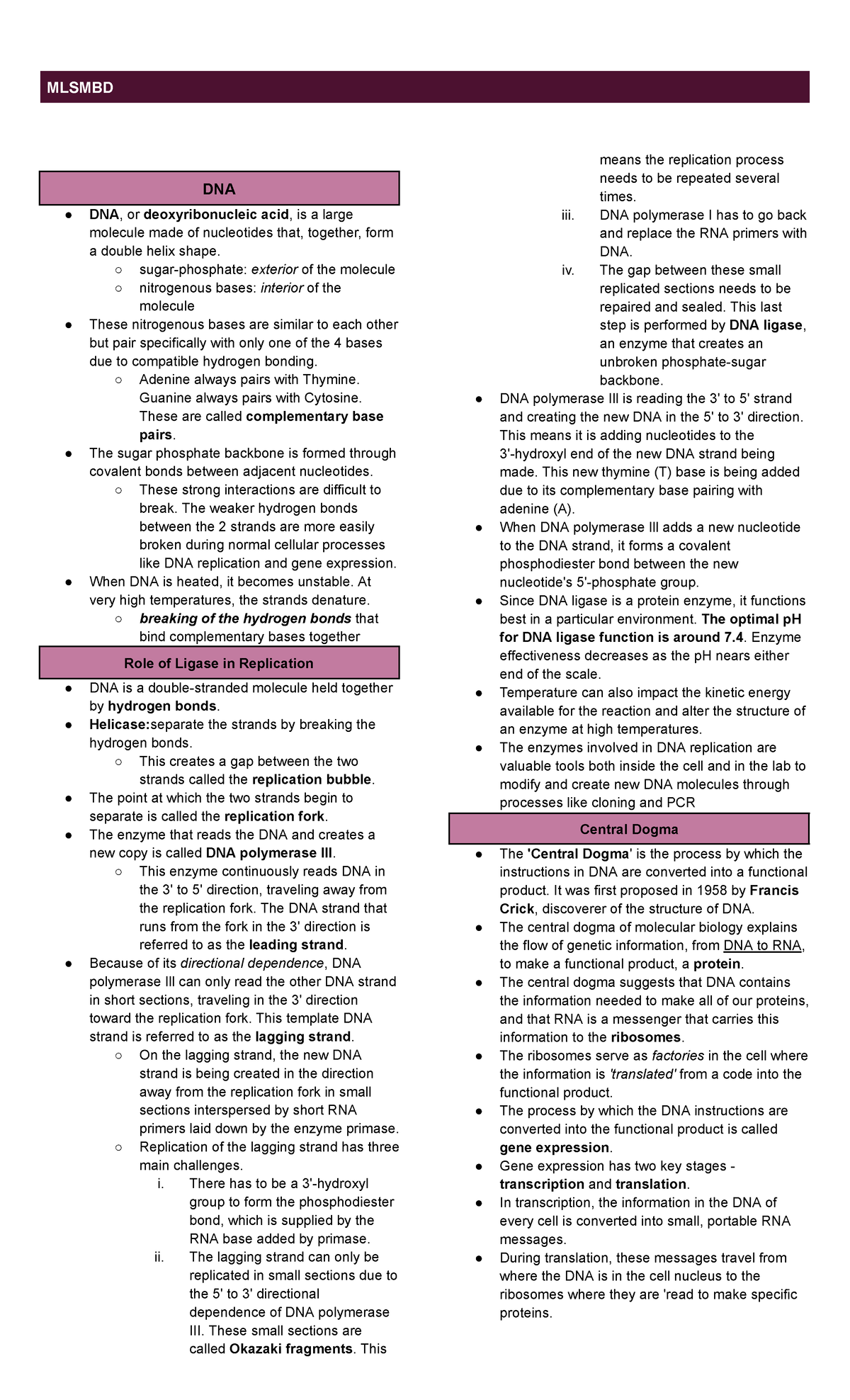 MLSMBD Final Exam Notes on DNA Structure and Function - Studocu