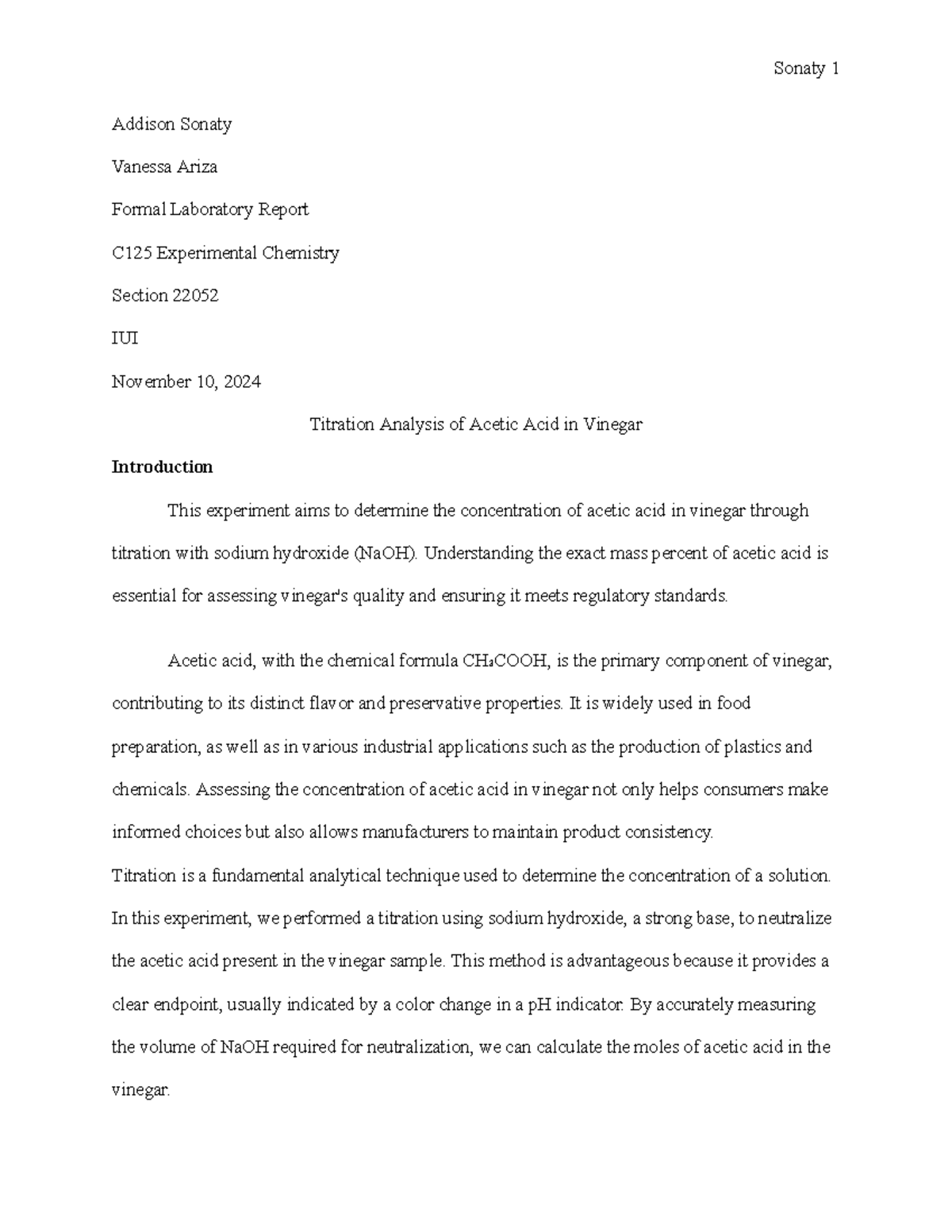 C125 Final Lab Report on Titration of Acetic Acid in Vinegar - Studocu