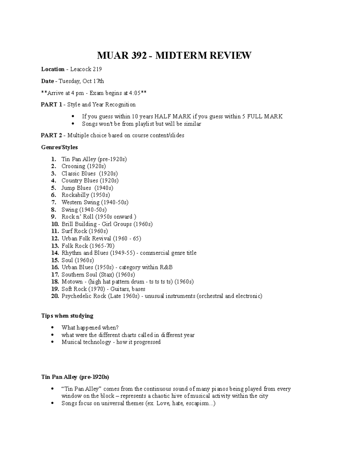 Midterm Review Part One - MUAR 392 - MIDTERM REVIEW Location - Leacock ...