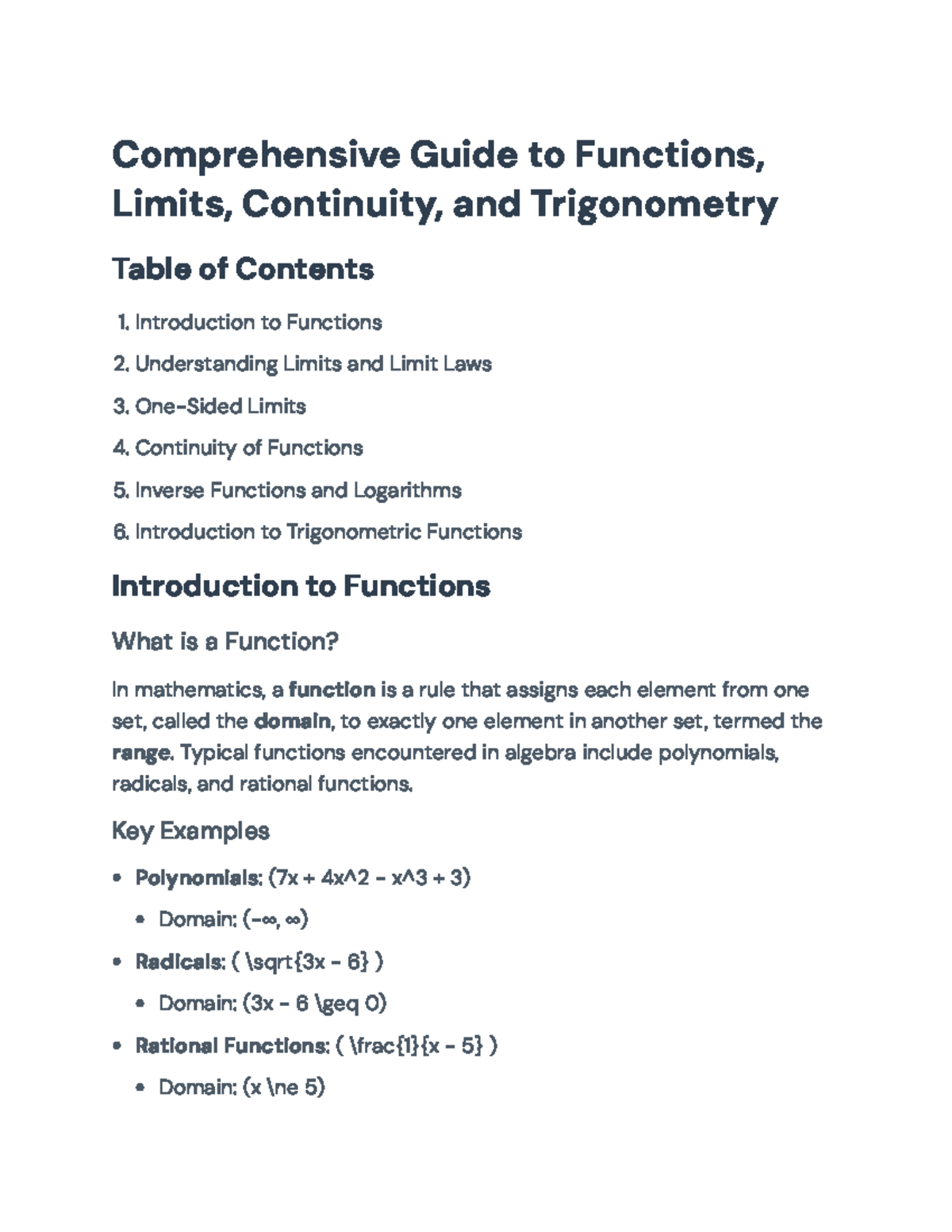 Mathematics 101: Functions, Limits, Continuity & Trigonometry Guide ...