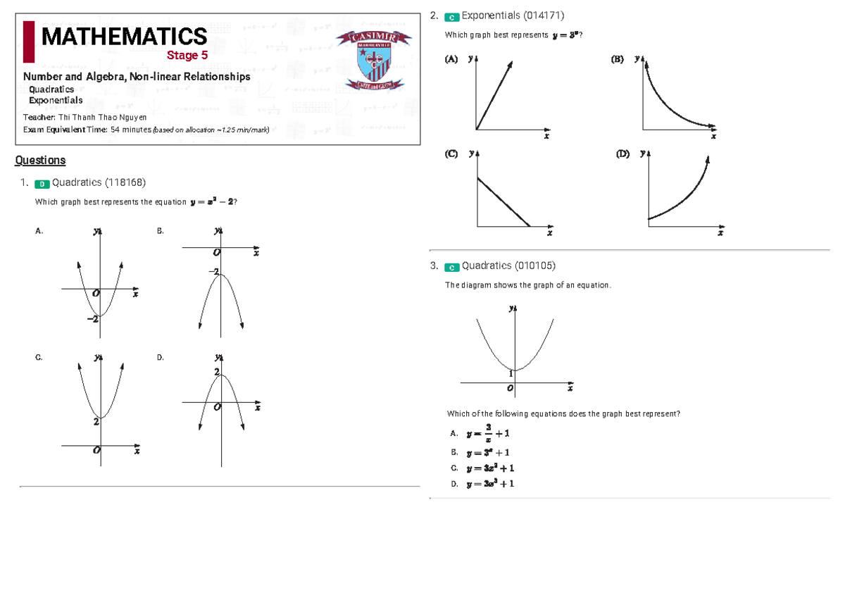 Revision - Non-Linear Functions (014171) Exam Prep Guide - Studocu