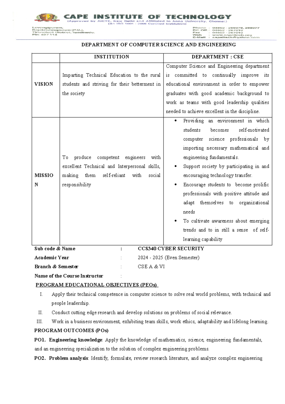 CCS340 Cyber Security Course Plan for CSE A & B, AI (2024-2025) - Studocu
