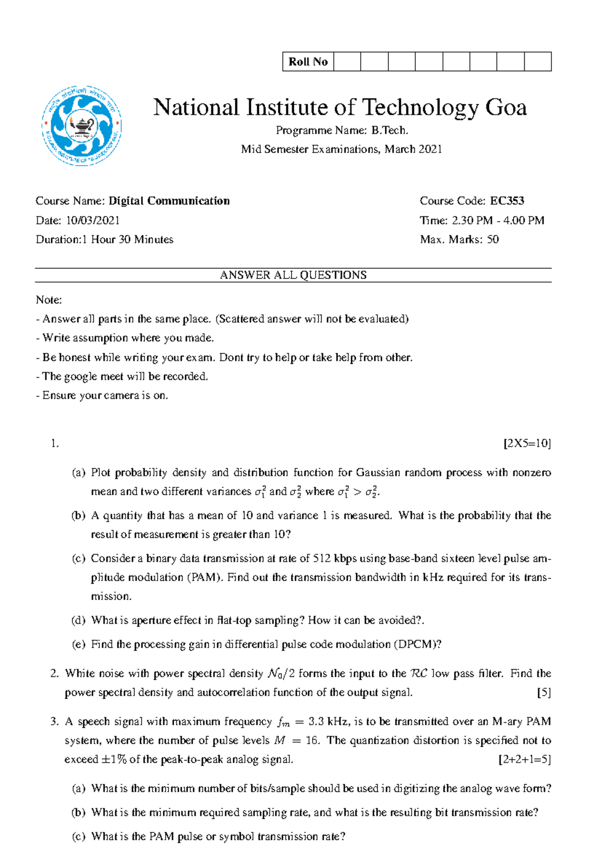 EC353 B.Tech. Mid Sem Exam Notes - Digital Communication - Studocu