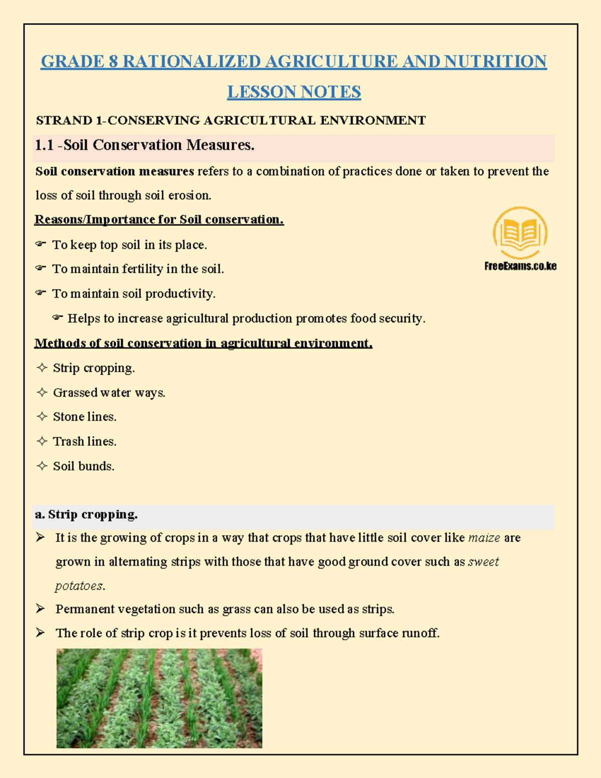 GRADE 8 AGRICULTURE & NUTRITION LESSON NOTES: SOIL CONSERVATION ...