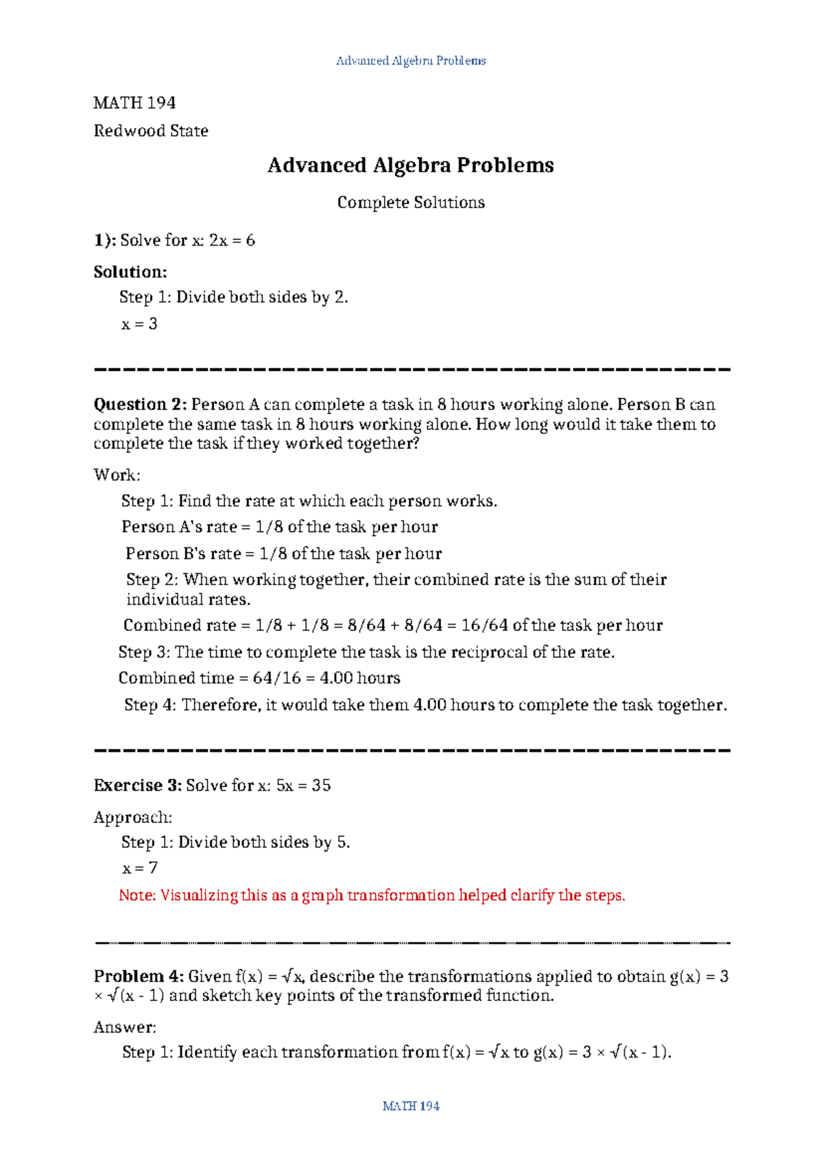 Advanced Algebra Problems Solutions MATH 194 - Complete Guide - Studocu