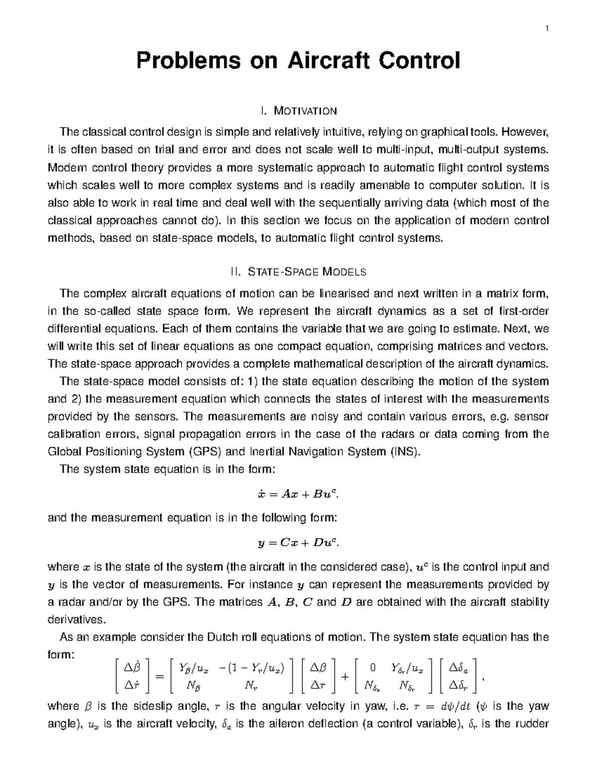 Problems on Aircraft Control: State Space Methods and Feedback Design ...