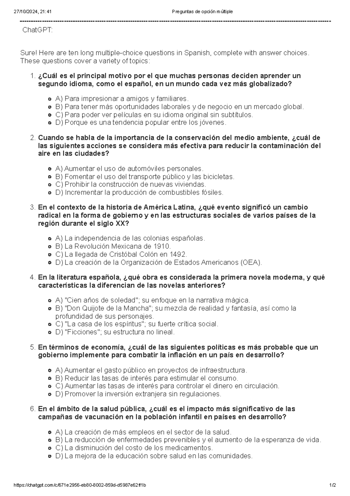 Spanish 100: Long Multiple Choice Questions for Practice - Studocu