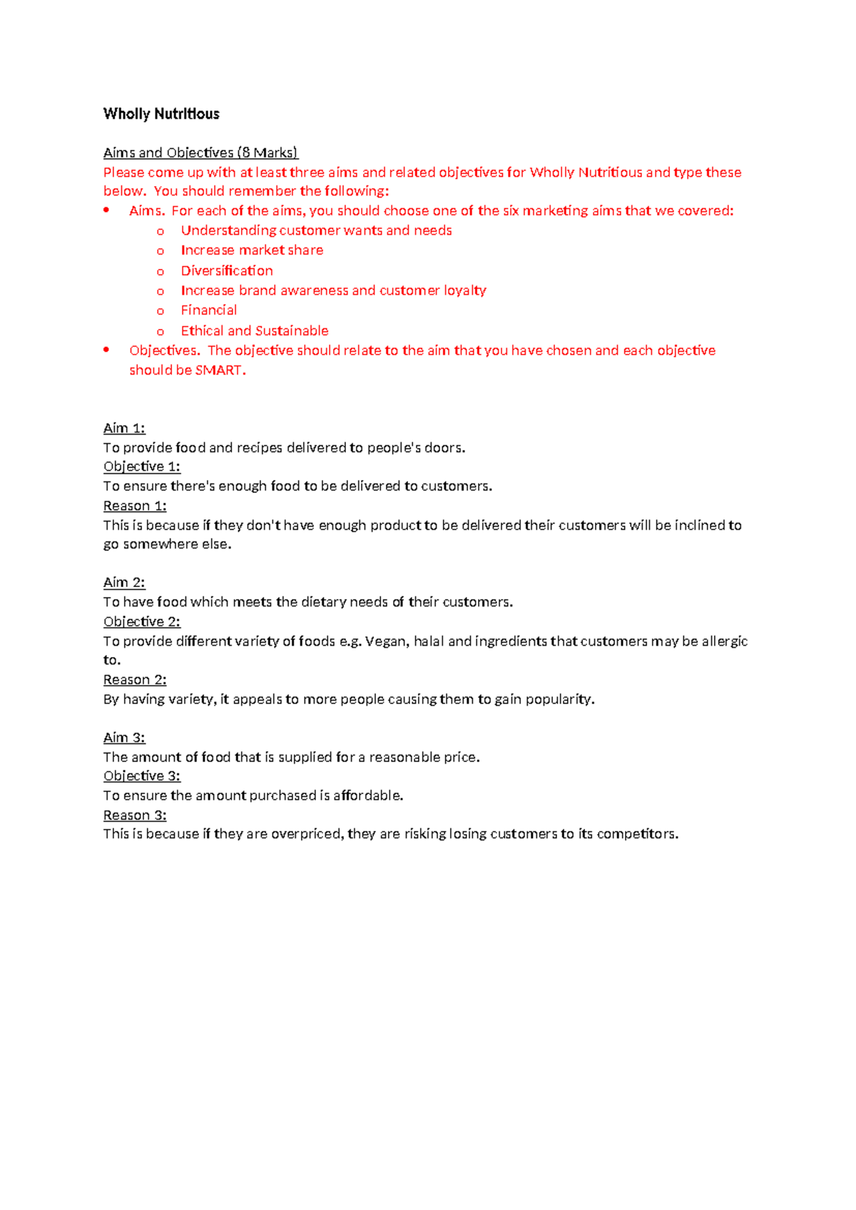 Aims and Objectives Template for Wholly Nutritious Initiative - Studocu